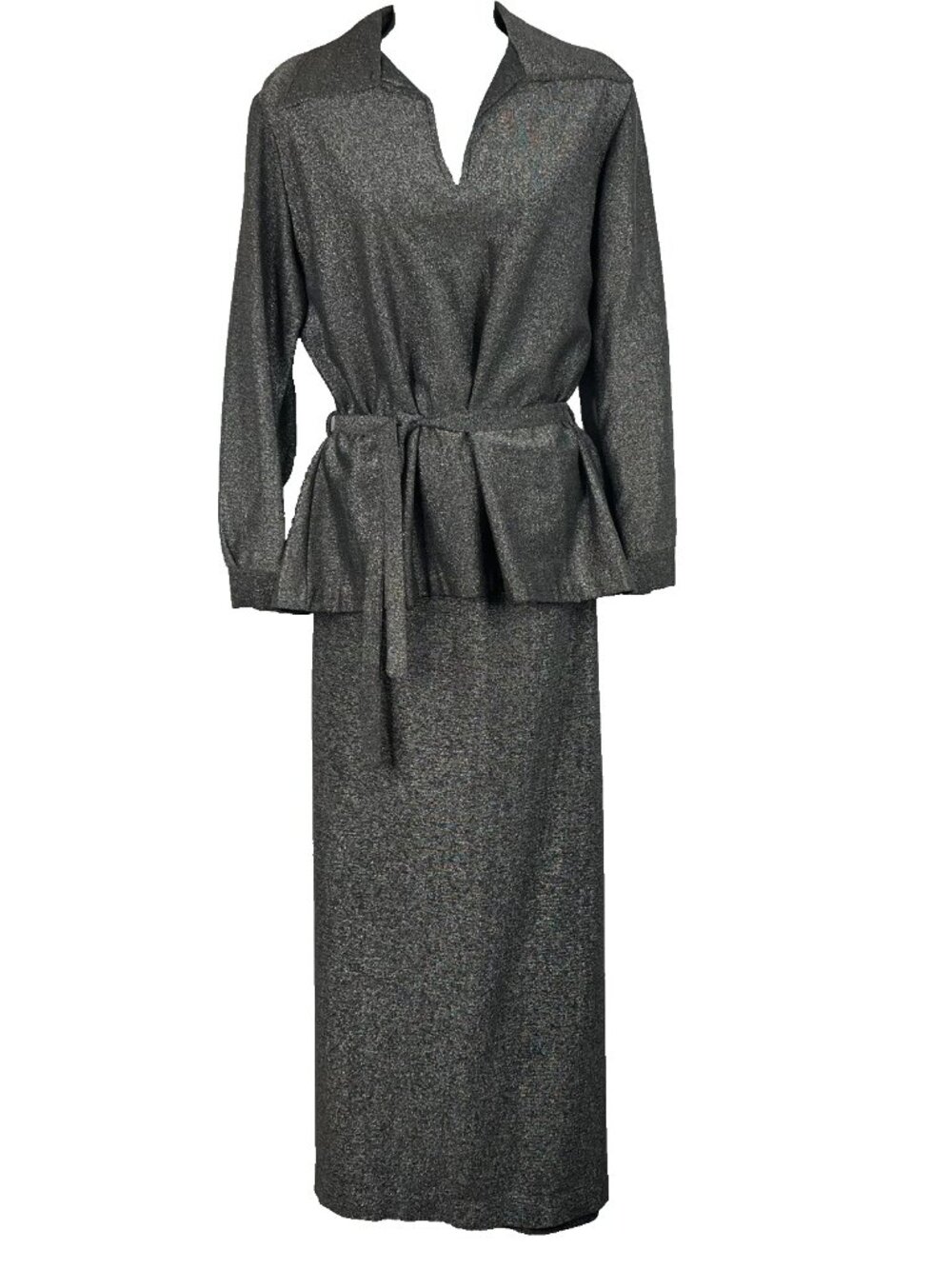 Vintage 70s Avant Garde Blouse Maxi Skirt Set Size M Black Silver Lurex Belted
